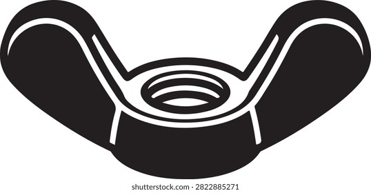 Vector black silhouette illustration featuring a threaded metal wing nut fastener with dual ergonomic metal wings for hand tightening, isolated on a white background.

