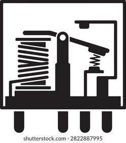 Vector black silhouette illustration featuring an electromagnetic relay switch cross section with copper coil wire solenoid, movable armature, tension spring, contacts, and connection pin terminals, isolated on a white background.
