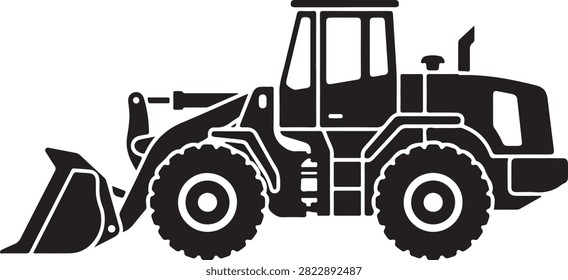 Vector black silhouette illustration featuring a heavy industrial wheel loader construction machine with large front digging bucket scoop, enclosed cab cabin, and heavy duty tires, isolated on a white background.
