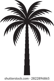 Vector black silhouette illustration featuring a tall tropical date palm tree Arecaceae with a textured trunk and spreading frond crown, isolated on a white background.
