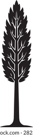 Vector black silhouette illustration featuring a tall slender Italian cypress or Lombardy poplar tree Cupressus sempervirens with dense vertical foliage canopy and bare trunk, isolated on a white background.
