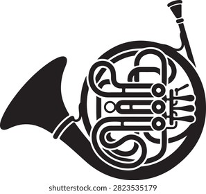 Vector black silhouette illustration featuring a French horn brass wind musical instrument with coiled tubing, rotary valves, and wide flared bell, isolated on a white background.
