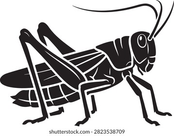 Vector black silhouette illustration featuring a side view grasshopper Caelifera or cricket insect with long antennae, powerful hind jumping legs, and folded wings, isolated on a white background.
