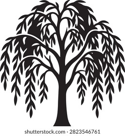 Vector black silhouette illustration featuring a weeping willow tree Salix babylonica with pendulous drooping branches and slender leaves, isolated on a white background.
