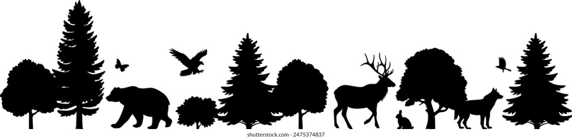 Ilustración de la silueta negra del Vector de la fauna panorámica del bosque sobre fondo blanco. Paisaje gráfico de naturaleza salvaje. Borde de animales y árboles. Anuncio Horizontal, no fusionado, Elementos separados.