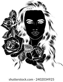 Vector black silhouette of illustration Girl with rose isolated on white background.