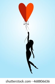 Vector black silhouette illustration of a girl with balloon in the form of heart. Romantic background.