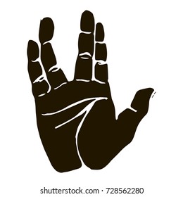 Vector black silhouette illustration of a human hand scifi salute isolated on white background. Can be used for web poster info graphic.