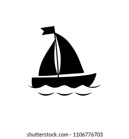 Vector black silhouette illustration of sailing ship transportation floating on sea waves. Yacht boat icon isolated on white background. 