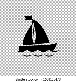 Vector black silhouette illustration of sailing ship transportation floating on sea waves. Yacht boat icon isolated on transparent background. 
