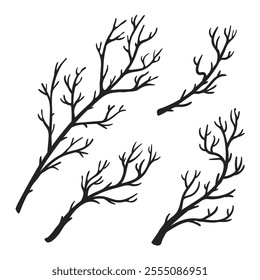 Vector Black Silhouette illustration Set of Bare Branch Isolated on White Background