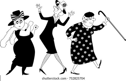 Vector Black Silhouette Illustration Of Three Senior Women Dancing, No White Objects, Isolated, EPS 8