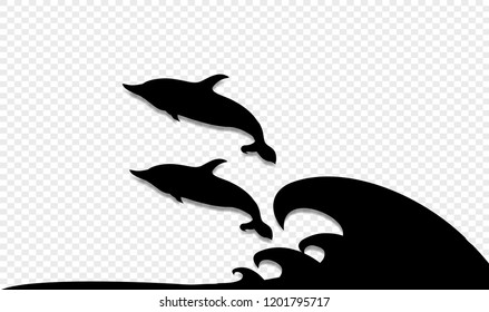 Vector black silhouette illustration of two dolphins playing and jumping on sea waves icon isolated on transparent background.