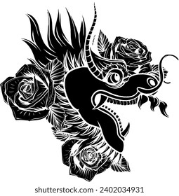 vector black silhouette of Japanese Dragon tattoo