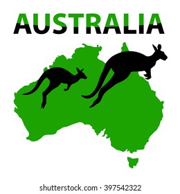 vector black silhouette of a kangaroo on map of Australia green color with the inscription Australia black green