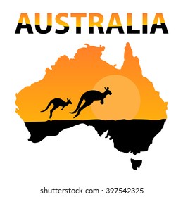 vector black silhouette of a kangaroo on map of Australia in an orange livery with black lettering in Australia black orange
