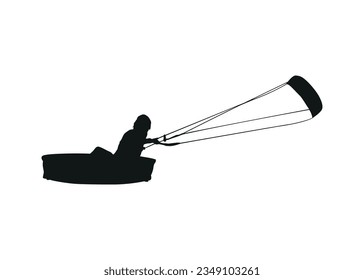 Vector black silhouette of a kitesurfer isolated on white background. Summer water sports