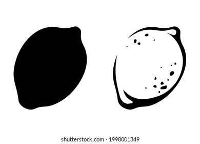 Vector black silhouette and line art illustration of a citrus lemon fruit isolated on a white background.