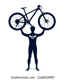 Vector black silhouette of a male cyclist holding a mountain bike overhead. Isolated on white background.