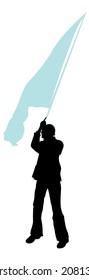 Silueta negra vectorial de un hombre con una bandera azul aislado en un fondo blanco.