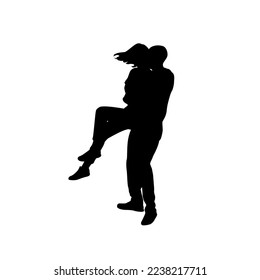 Vector black silhouette of a man spinning his girlfriend isolated on white background