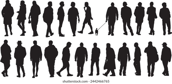 Vector black silhouette men peoples crowds, group of standing walking peoples sets, collection of shapes of male passersby, black color isolated from white background