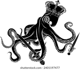 vector black silhouette of monochrome octopus on white background