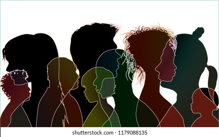 Vector black silhouette of multiracial people of different ages. Group of people different nationalities. Multiple exposure