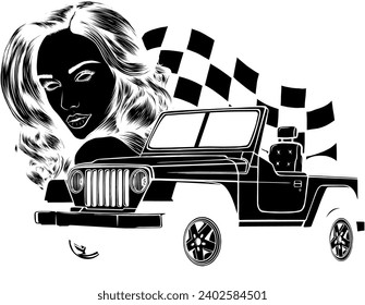vector black silhouette of off road car with woman skull and race flag