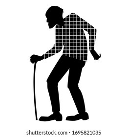 vector black silhouette of an old man in a plaid shirt, a lonely elderly person, old and sick, in need of support, assistance, communication, treatment, social advertising,