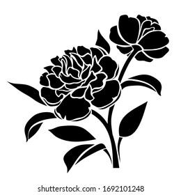 Vector black silhouette of peony flowers isolated on a white background.