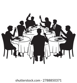 Vector Black silhouette of people sitting at restaurant tables eating and drinking with white background
