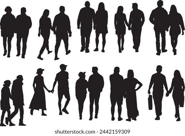 Vector negro silueta de las multitudes de personas, 10 grupos de parejas de pie caminando conjuntos, colección de formas de transeúntes, color negro aislado del fondo blanco