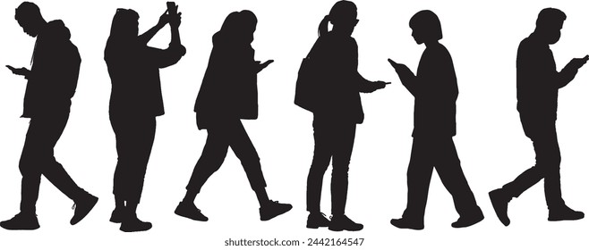 Vector black silhouette peoples , set of 6 peoples standing walking holding looking at phone, collection of shapes of passersby, black color isolated from white background