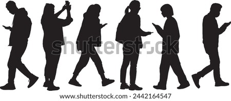Vector black silhouette peoples , set of 6 peoples standing walking holding looking at phone, collection of shapes of passersby, black color isolated from white background