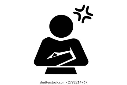 Vector black silhouette of a person with crossed arms showing anger and frustration, suitable for emotion, conflict, behavior, psychology, workplace, and communication design concepts.