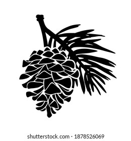 Vector black silhouette of a pine branch with a cone isolated on a white background.