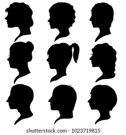 vector black silhouette profiles of men and women at white background