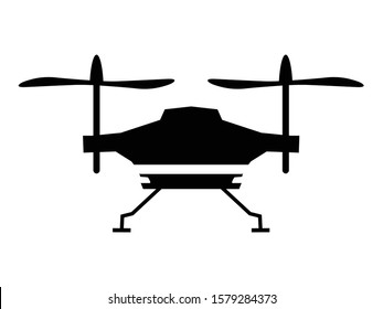 Vector black silhouette of quadcopter drone on white. Side view. Motives of videography, transport, flying, air vehicle, techno, gadgets, objects of modern technology, photography caught from air