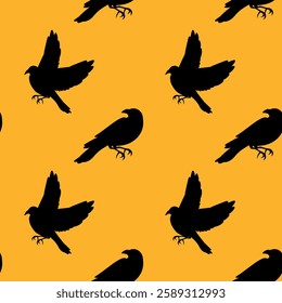 Vector black silhouette of Ravens seamless pattern on blue background