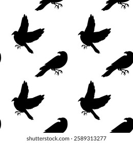 Vector black silhouette of Ravens seamless pattern on white background