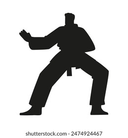 Vector black silhouette reflecting the fighting posture of martial artists practicing karate, taekwondo and judo. An image highlighted on a white background