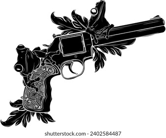 vector black silhouette of Revolver with frog and flowers