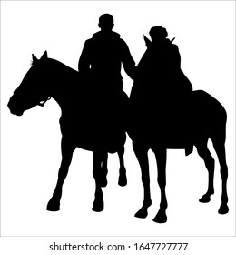 Vector black silhouette riders and horses. Design flat illustration isolated on white background. Two adults, a man and a woman, are sitting on the horses.