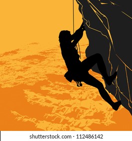 Vector black silhouette of a rock climber on a sunset background