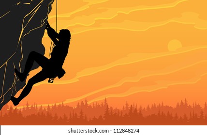 Vector black silhouette of a rock climber on a sunset background