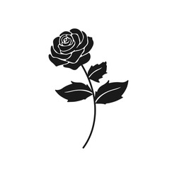Vector Black Silhouette Of A Rose Flower With Stem Isolated On A White Background.
