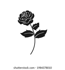 Vector black silhouette of a rose flower with stem isolated on a white background.