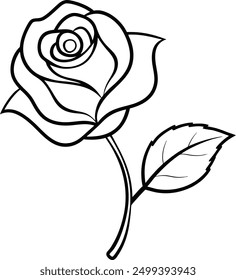 Vector black silhouette of a rose flower with stem isolated on a white background.