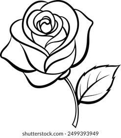 Vector negro silueta de una flor de rosa con tallo aislado sobre un fondo blanco.